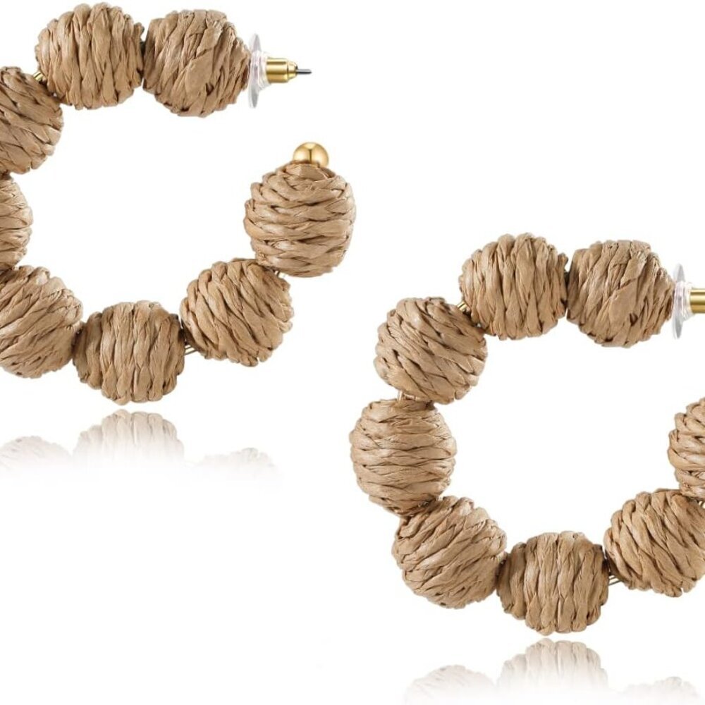 Colorful Statement Raffia Hoop Dangle Earrings for Women - Fun Summer Rattan Bea